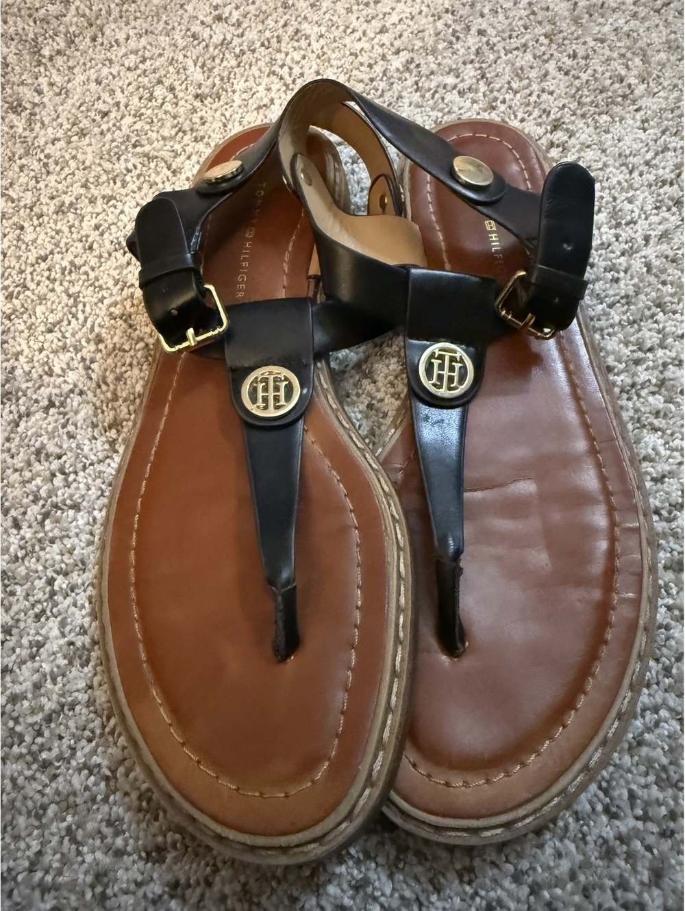 Tommy Hilfiger Black Leather T-Strap Sandals with Gold Logo